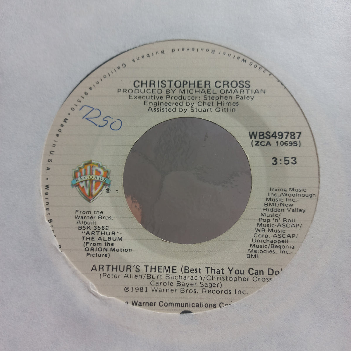 Christopher Cross Arthurs Theme Simple 7" 2da. Mano Usado Muy Bien + VG+