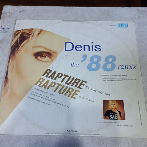 Blondie - Denis (The '88 Remix) / Rapture (The Teddy Riley Remix) (12", Single) (Chrysalis - CHS 12 3328) - MAXI VG+ O Nm