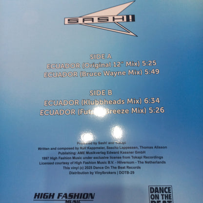 Sash! Feat. Rodriguez - Ecuador (12", RE, Blu) (Dance On The Beat - DOTB-29) - MAXI VG+ O Nm