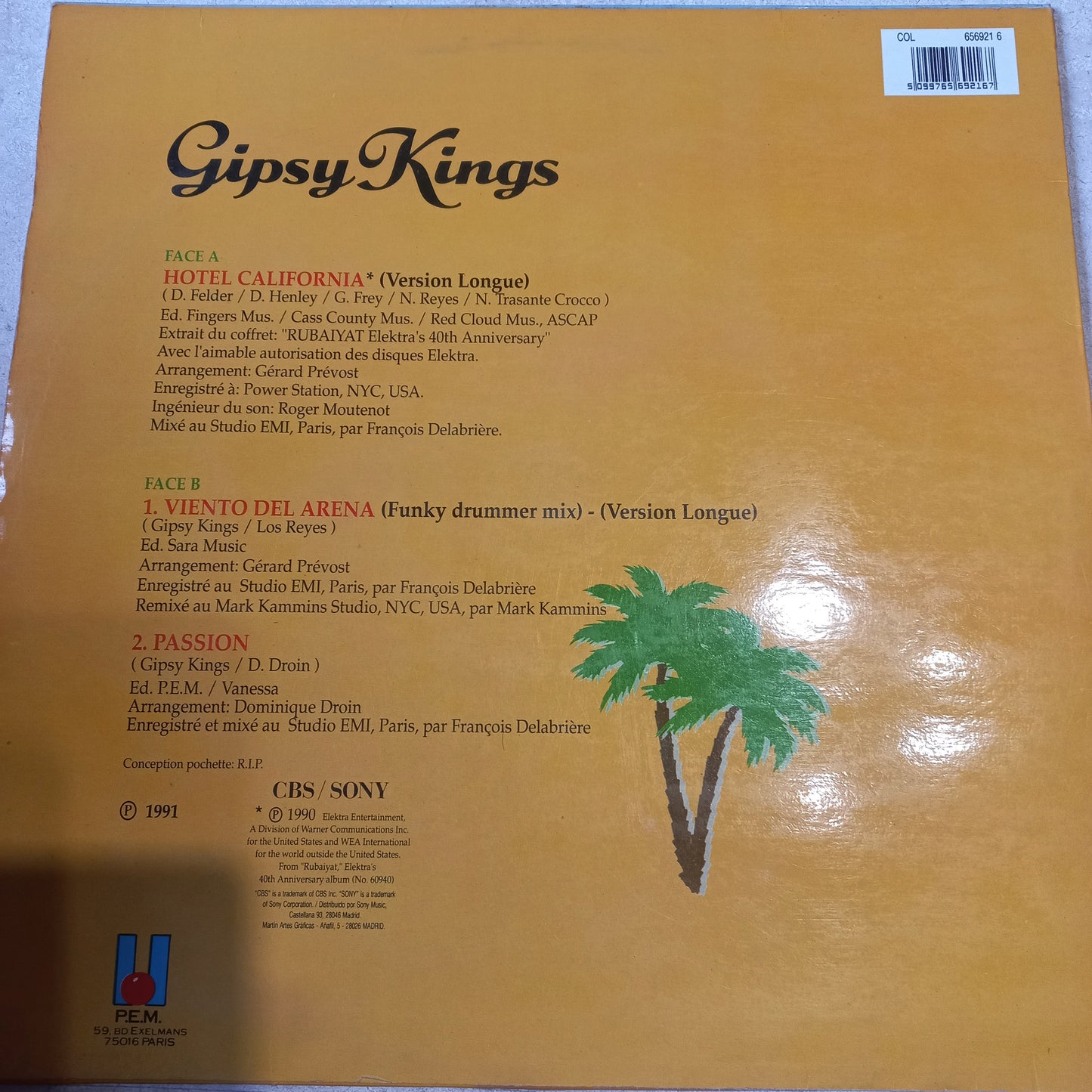 Gipsy Kings - Hotel California Maxi VG+ (12", Maxi) (CBS/Sony - COL 656921 6)