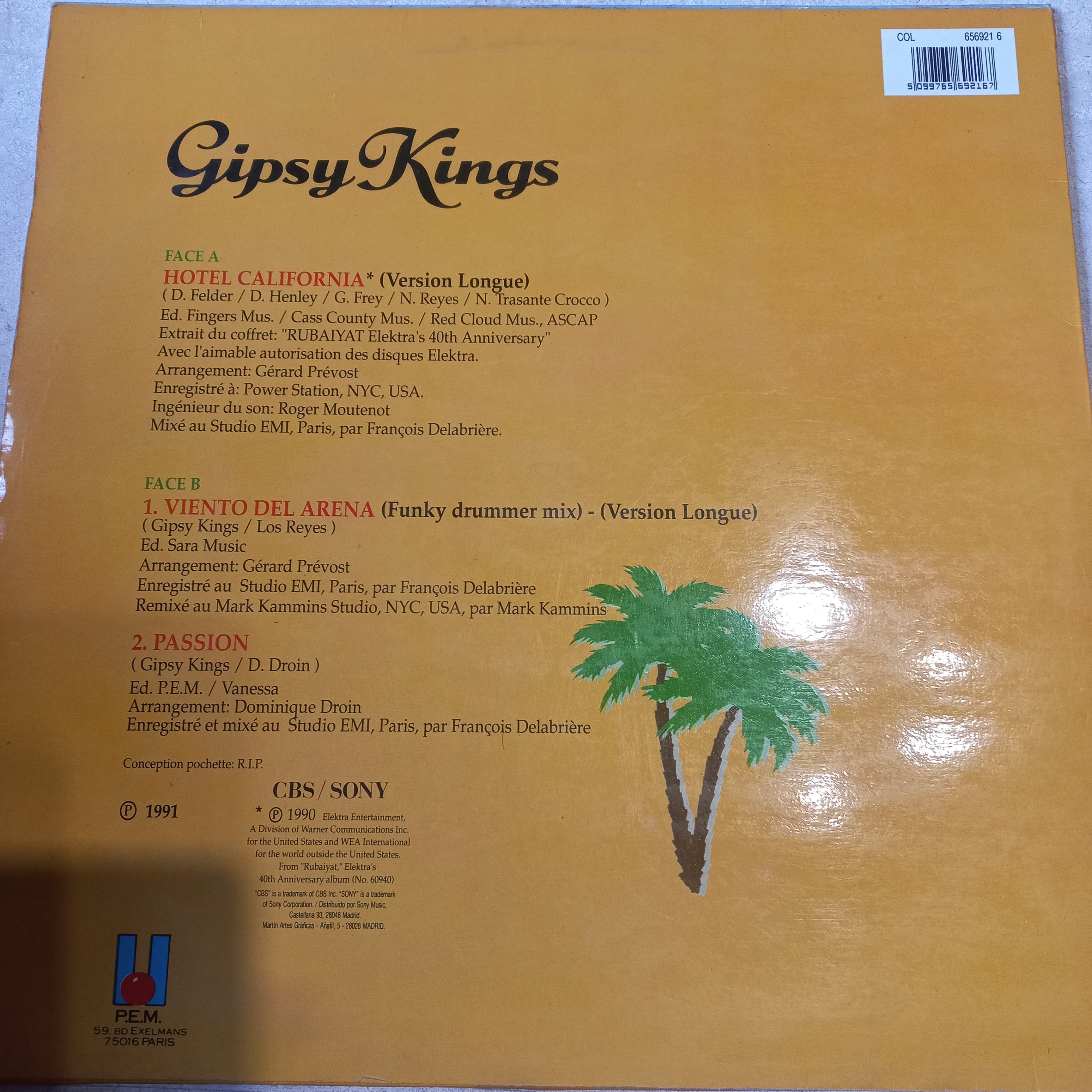 Gipsy Kings - Hotel California Maxi VG+ (12", Maxi) (CBS/Sony - COL 656921 6)