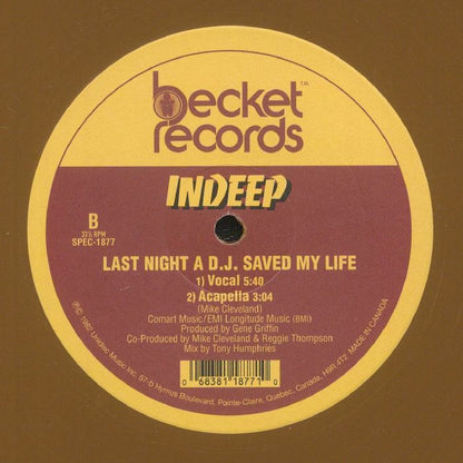 INDEEP LAST NIGHT A DJ SAVED MY LIFE MAXI 12" MINT
