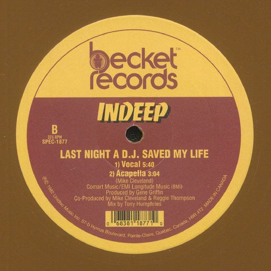 INDEEP LAST NIGHT A DJ SAVED MY LIFE MAXI 12" MINT